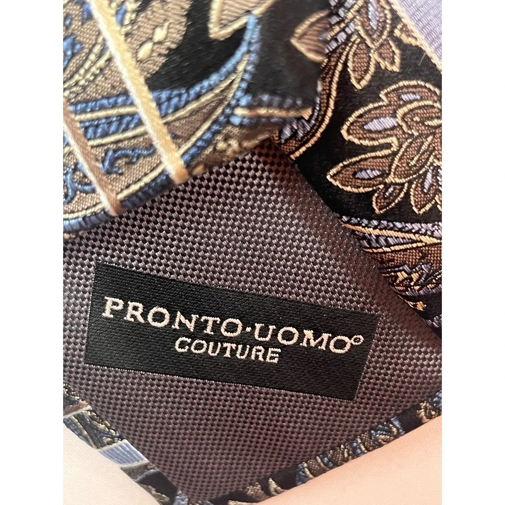 Pronto Uomo Couture Silk Tie Mens Paisley Floral Striped Blue Brown 100% Silk